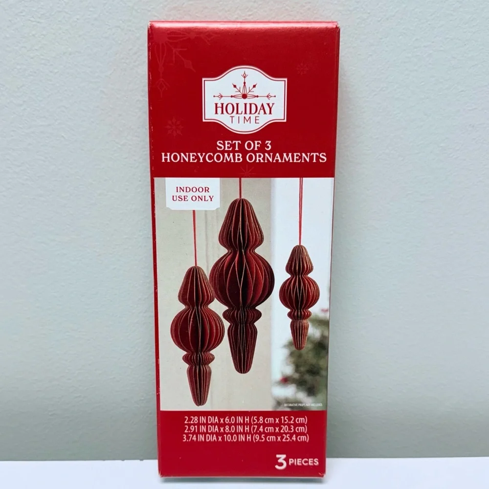 New! Holiday Time Set of 3 Red Paper Finial Christmas Holiday Ornaments / Decor